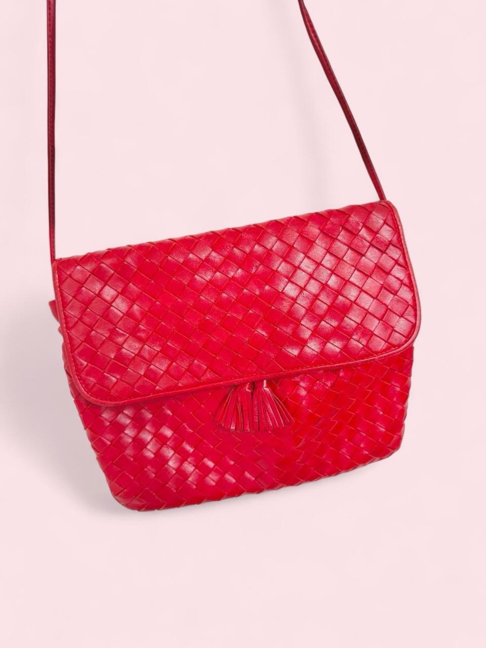 Vintage Fenice Red Woven Leather Crossbody with Tassel Accent Made in Italy